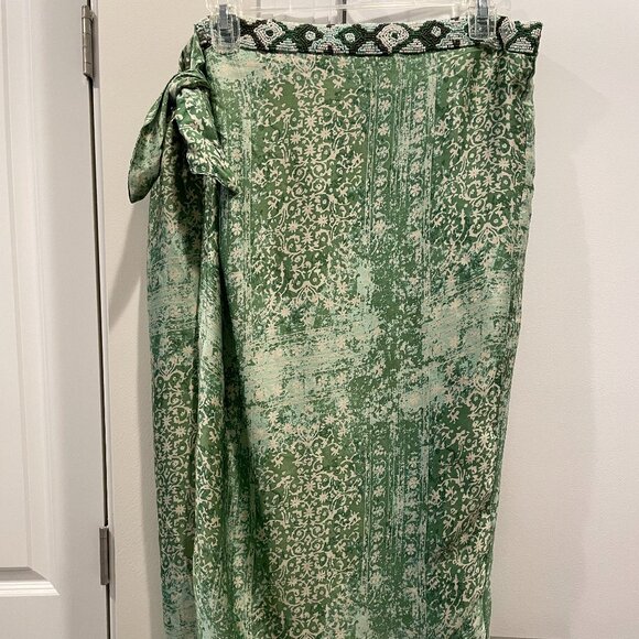 Zara Green Printed Wrap Style Midi Skirt with Beaded Waistband - SZ XL - Picture 2 of 7